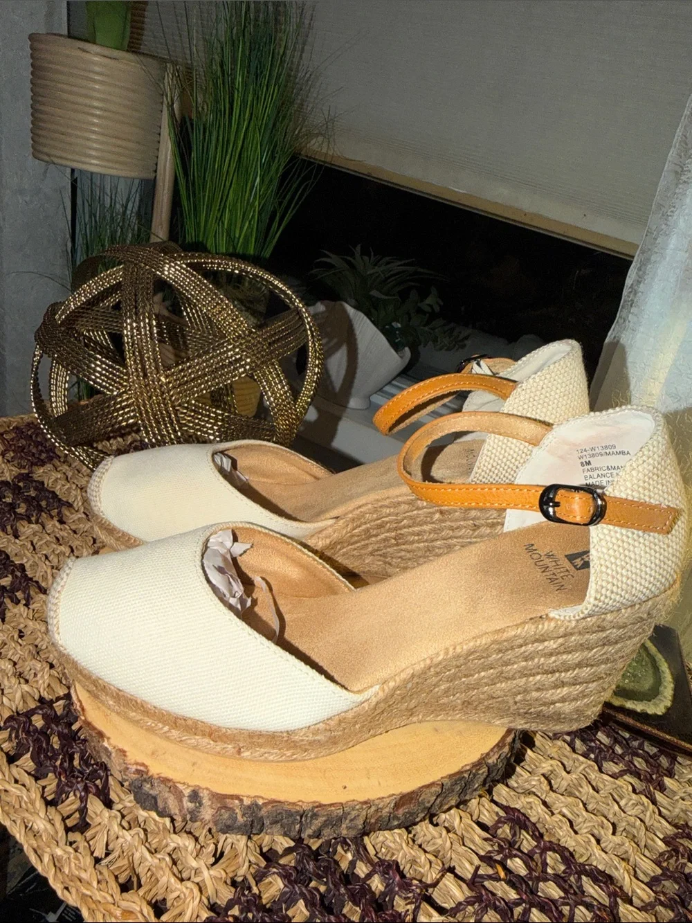 White Mountain White and Tan Espadrille Wedge Sandals